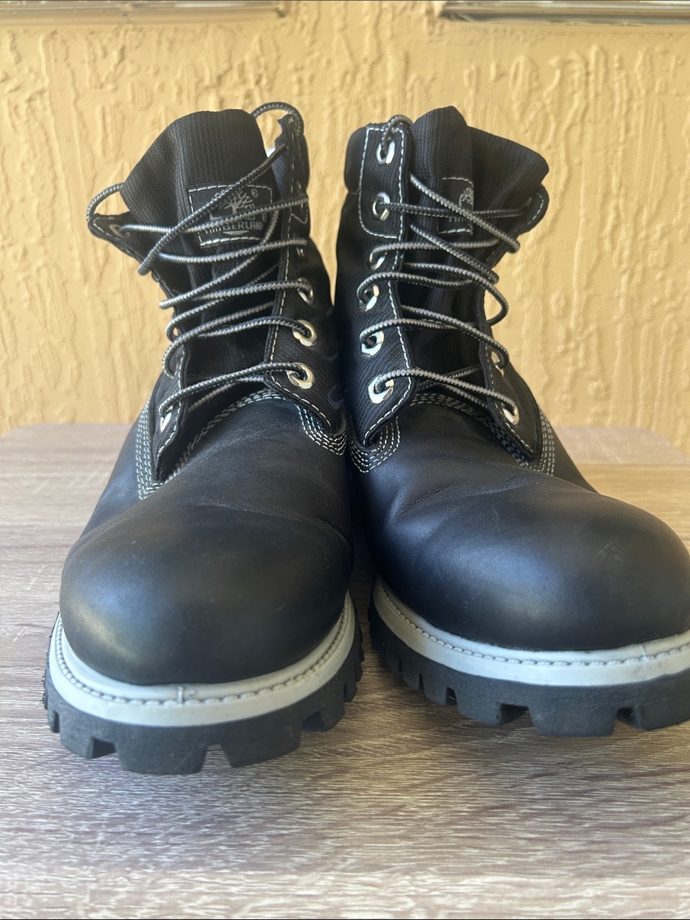 Men's Timberland Black Leather Boots with Contrasting Grey Sole